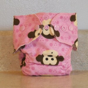 Fitted Newborn Cloth Diaper 4 to 9 pounds Pink Monkeys 16034 image 1