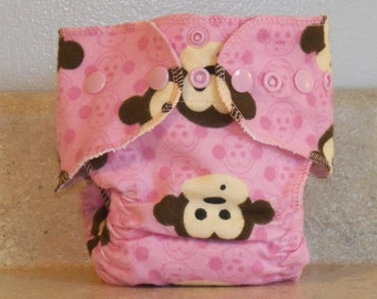 Fitted Newborn Cloth Diaper- 4 to 9 pounds- Pink Monkeys- 16034