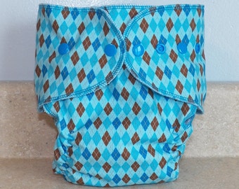 Fitted Large Cloth Diaper- 20 to 30 pounds- Blue Argyle- 19013