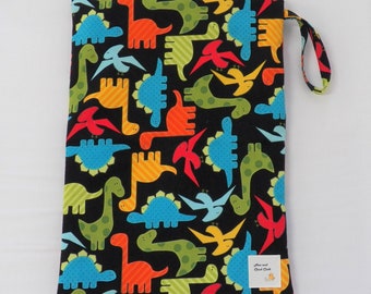 Large Wetbag- Dinos on Black- 11"x15.5" Zippered PUL/Waterproof Bag, Travel Bag, Cloth Diaper Bag, Menstrual Period Bag (Inv #4015)