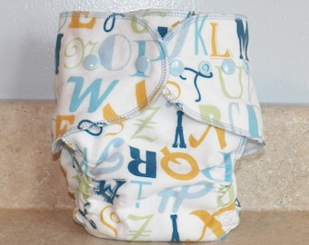 Fitted Large Cloth Diaper- 20 to 30 pounds- Blue Alphabet- 19018