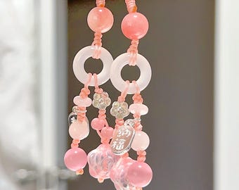 Rosa Blumen Charm Handyband | Chinesischer Segen Anhänger | Kawaii Handy Anhänger Geschenk für Sie | Sakura Style Accessoire