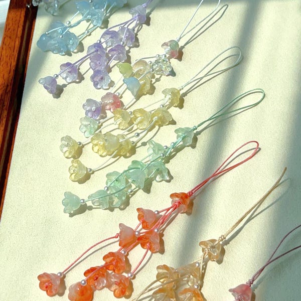 Blossom Bell Charm | Handmade Crystal Phone Strap | Beaded Car Hanging | Keychain Gift | Sakura Style Pendant | Pastel Suncatcher