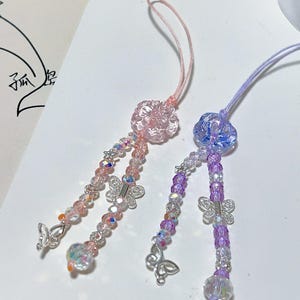 Fairy Crystal Phone Charm | Butterfly and Heart Pendant | Pastel Pink Purple Beaded Strap | Kawaii Phone Accessory | Gift for Her