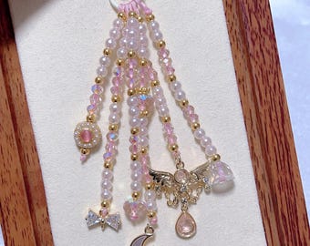 Dije de cristal de ensueño para teléfono / Correa colgante de cuentas rosas con colgantes de luna, estrella y mariposa / Lindo dije para bolso, llavero, regalo para ella