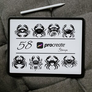 May include: A digital illustration of 58 black and white crab stamps for Procreate. The crabs are in various poses, some with hearts and flowers.