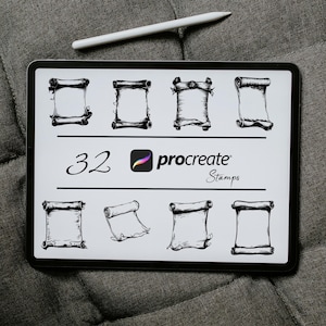 May include: A digital tablet screen displaying 32 Procreate stamps of hand-drawn scroll designs. The stamps are arranged in a grid pattern on a white background. The text "32 Procreate Stamps" is displayed at the top of the screen.