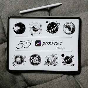 May include: A digital illustration of 55 Procreate stamps featuring planets with rings. The stamps are black and white and are arranged in a grid on a white background. The text "55 Procreate Stamps" is displayed below the grid.