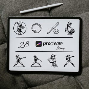 May include: A digital illustration set of 28 baseball-themed Procreate stamps. The stamps include baseball players, baseballs, and bats. The Procreate logo and the word "Stamps" are also visible.