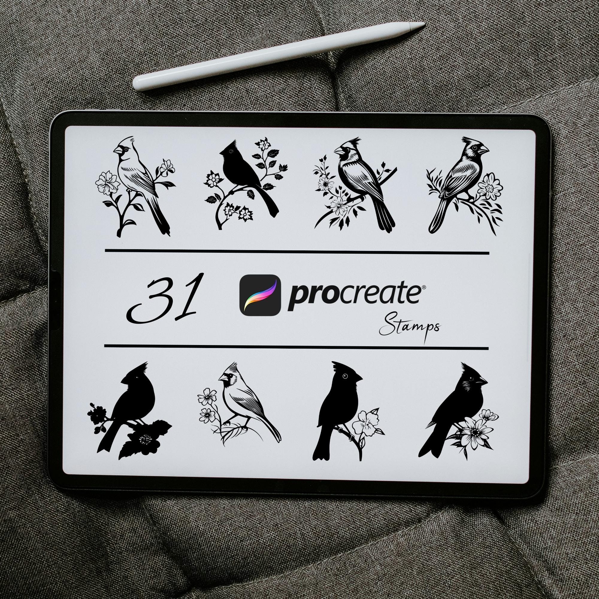 Set de sellos de Procreate Ave Cardenal – Pinceles Procreate de animales y naturaleza para pájaros, tatuajes, stickers y logos