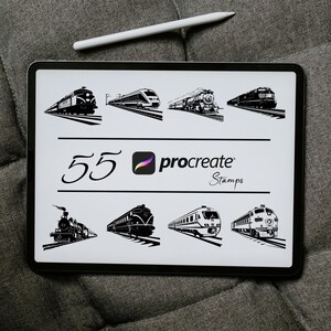 May include: A digital illustration of 55 Procreate stamps featuring various train designs. The stamps are black and white and include a steam engine, a passenger train, and a freight train.