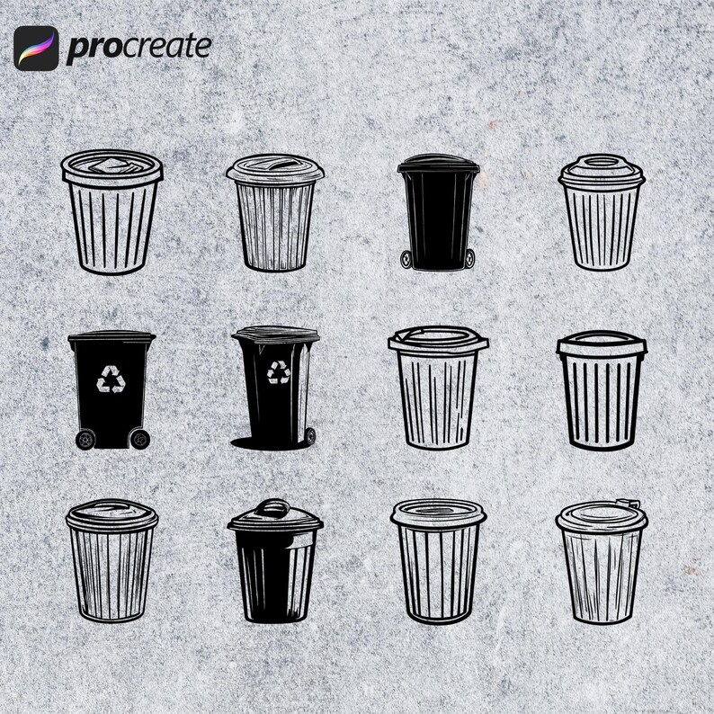 Trash Can Procreate Stamps: Garbage Bins Brush Set (digital Download ...