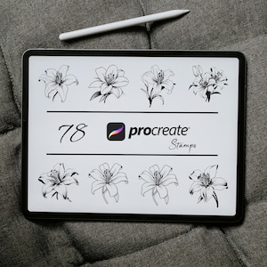 May include: A digital tablet screen displaying 78 black and white lily flower illustrations. The text "procreate" and "Stamps" is displayed on the screen.