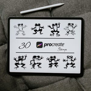 May include: A digital illustration of 30 frog stamps for Procreate. The frogs are wearing sunglasses and have different poses. The text "30 Procreate Stamps" is displayed on the screen.