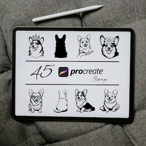 May include: A digital tablet screen displaying 45 black and white illustrations of corgis in various poses. The text "45 procreate stamps" is displayed on the screen.