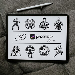 Könnte beinhalten: Eine digitale Illustration von 30 Box-Stempeln für Procreate. Die Stempel zeigen verschiedene Box-Posen und einen US-amerikanischen Flaggenhintergrund.