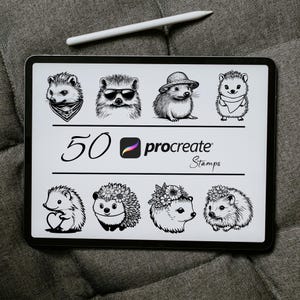 May include: A digital illustration of 50 Procreate stamps featuring various designs of hedgehogs. The stamps are displayed on a tablet screen. The text "50 Procreate Stamps" is visible on the screen.