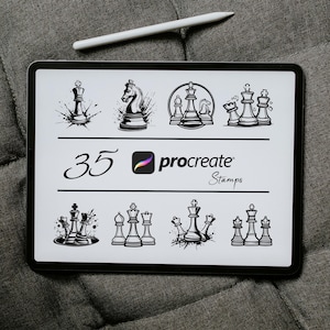 May include: A digital tablet displays black and white chess-themed stamps for Procreate. The screen shows various chess piece illustrations, the number "35", and the Procreate logo. A white stylus rests above the tablet on a gray surface.