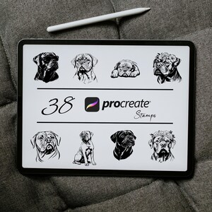 May include: A digital illustration of 38 black and white dog stamps for Procreate. The stamps feature various dog breeds, including a bulldog, a boxer, and a mastiff. The stamps are arranged in a grid on a white background.