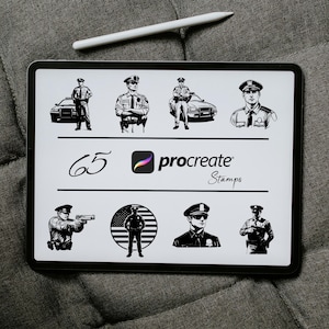 May include: A digital illustration of 65 police officer stamps for Procreate. The stamps feature various poses of police officers, including officers standing with their hands on their hips, officers holding guns, and officers standing next to police cars. The stamps are black and white.