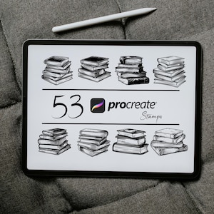 May include: A digital tablet screen displaying 53 black and white illustrations of stacks of books. The text "procreate" and "Stamps" is displayed on the screen.