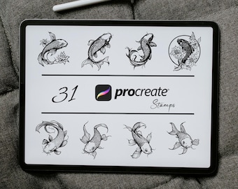 May include: A digital illustration of 31 black and white koi fish stamps for Procreate. The stamps are arranged in a grid on a white background. The text "31" and "Procreate Stamps" are also visible on the image.