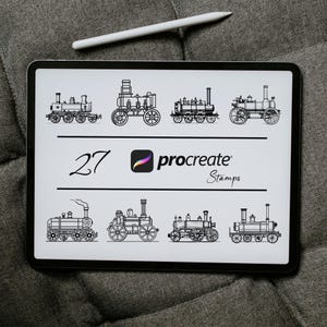 Puede incluir: Un conjunto de 27 sellos de Procreate con ilustraciones en blanco y negro de locomotoras de vapor antiguas. Los sellos están diseñados para usarse en la aplicación Procreate.