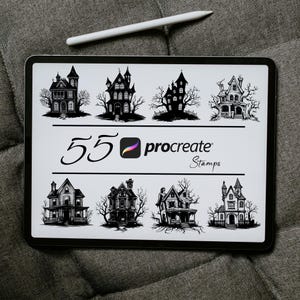 May include: A digital tablet screen displaying 55 black and white illustrations of haunted houses. The text "55 procreate Stamps" is displayed on the screen.