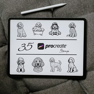 May include: A digital illustration of 35 black and white doodle dog stamps for Procreate. The stamps feature various poses of a doodle dog, including a dog wearing a Santa hat, a dog in a bathtub, a dog playing video games, and a dog sitting.