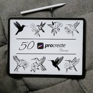 May include: A digital tablet screen displaying 50 Procreate stamps featuring black and white illustrations of hummingbirds with flowers. The text "50 Procreate Stamps" is displayed on the screen.