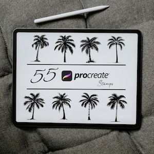 Puede incluir: La pantalla de una tableta digital muestra 55 ilustraciones de palmeras en blanco y negro. El texto "55 procreate stamps" se muestra en la pantalla.