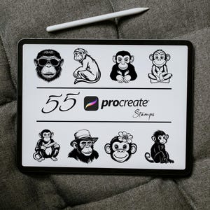 May include: A digital tablet screen displaying 55 black and white monkey illustrations. The text "55 procreate stamps" is displayed on the screen.