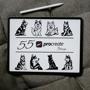 May include: A digital illustration of 55 black and white husky dog stamps for Procreate. The stamps feature different poses of the husky dog, including sitting, standing, and lying down.