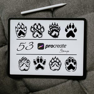 以下が含まれることがあります： クマ、犬、猫の足跡を含む、53の白黒の足跡のデジタルイラスト。画像には「53 Procreate Stamps」というテキストが含まれています。