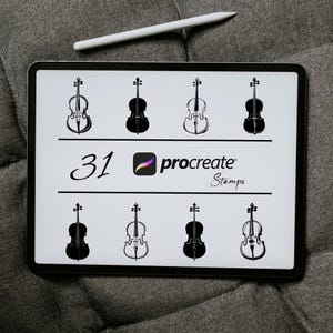 Pode incluir: Uma ilustração digital de 31 selos de violoncelo em preto e branco para Procreate. Os selos estão dispostos em duas filas de quatro, com o texto "31 Procreate Stamps" na parte inferior.
