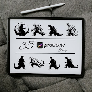 May include: A digital tablet screen displaying 35 black and white illustrations of Godzilla-like monsters. The text "35 Procreate Stamps" is displayed on the screen.