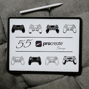 May include: A white iPad screen displaying 55 Procreate stamps of black and white PlayStation controllers. The text "55 Procreate Stamps" is displayed on the screen.