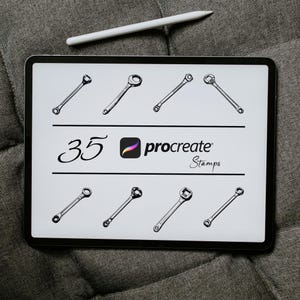 May include: A digital illustration of 35 wrench stamps for Procreate. The image shows a white tablet screen with black and white illustrations of wrenches.