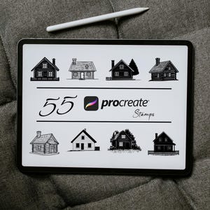 Peut inclure: L'écran d'une tablette numérique affiche 55 tampons Procreate représentant différents modèles de maisons. Le texte "55 Procreate Stamps" est affiché à l'écran.