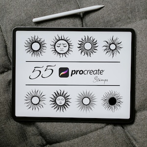 May include: A digital tablet screen displaying 55 Procreate stamps of various sun designs. The text "55 Procreate Stamps" is displayed on the screen.
