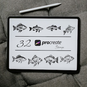 May include: A digital tablet screen displaying 32 black and white fish illustrations. The text "32 procreate Stamps" is displayed on the screen.
