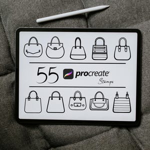 May include: A white iPad screen displaying 55 black and white handbag illustrations. The text "procreate" and "Stamps" is displayed on the screen.