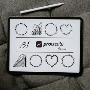 May include: A digital tablet screen displaying 31 Procreate stamps featuring different barbed wire designs, including circles, hearts, and a fence. The text "Procreate Stamps" is also visible on the screen.