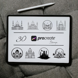 Puede incluir: Una pantalla de tableta digital que muestra 30 ilustraciones de mezquitas en blanco y negro. Las ilustraciones están en un marco circular e incluyen una luna creciente y una estrella. El texto "30 procreate stamps" se muestra en la pantalla.