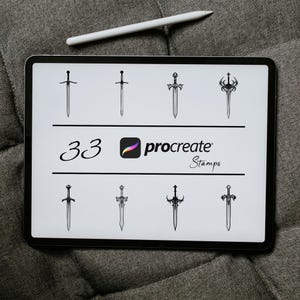 May include: A white digital tablet with a black border displays a set of 33 sword illustrations. The text "Procreate Stamps" is visible on the screen.