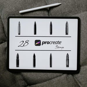 以下が含まれることがあります： Procreateアプリ用の28個の黒い弾丸スタンプが、白いタブレットの画面に表示されています。画面には「Procreate Stamps」というテキストが表示されています。