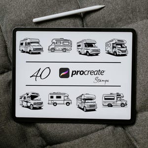 May include: A digital tablet screen displaying 40 black and white illustrations of camper vans. The text "40 procreate stamps" is displayed on the screen.