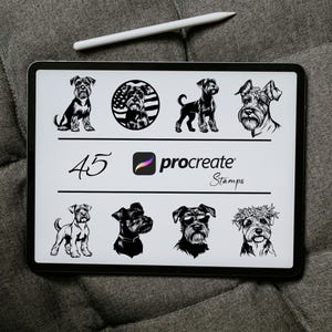 Puede incluir: Una ilustración digital de 45 sellos en blanco y negro que muestran diferentes poses de un perro schnauzer miniatura. Los sellos están dispuestos en una cuadrícula sobre un fondo blanco. El texto "procreate" y "Stamps" se muestra debajo de la cuadrícula.