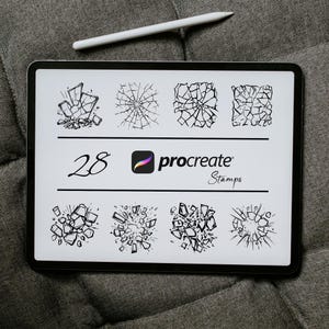 May include: A digital tablet screen displaying 28 black and white Procreate stamps of broken glass. The text "Procreate Stamps" is visible on the screen.