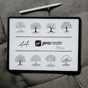 May include: A digital tablet screen displaying 44 Procreate stamps of various tree silhouettes with roots. The text "Procreate Stamps" is displayed below the trees.